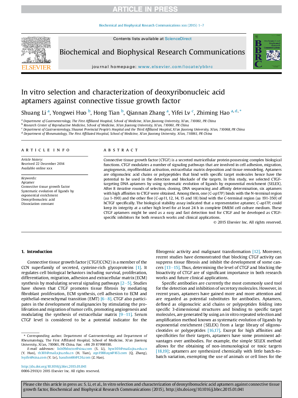 InÂ vitro selection and characterization of deoxyribonucleic acid aptamers against connective tissue growth factor