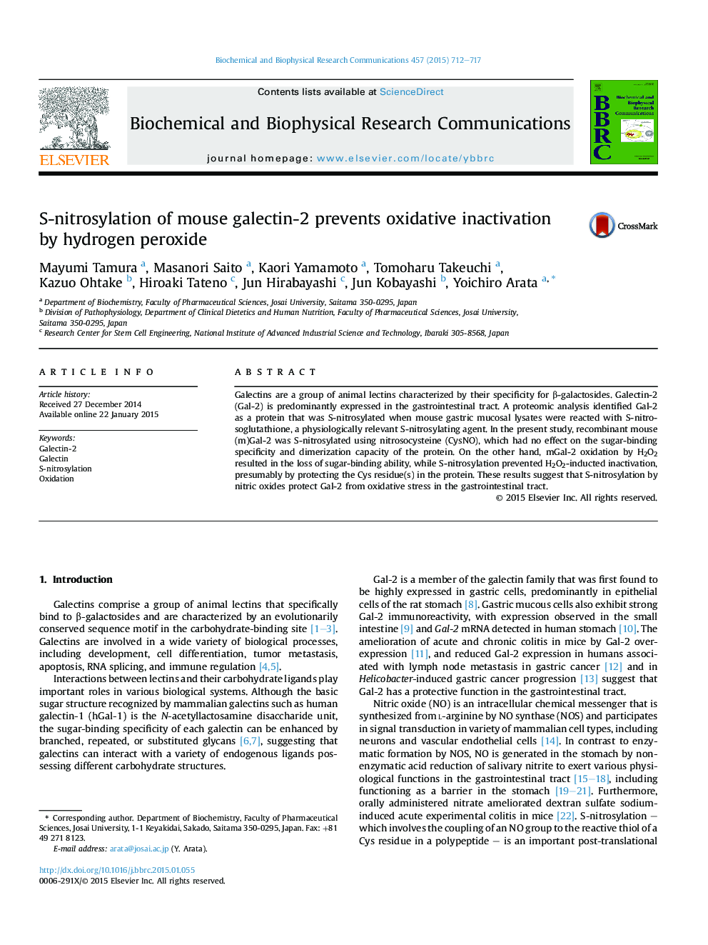 S-nitrosylation of mouse galectin-2 prevents oxidative inactivation by hydrogen peroxide