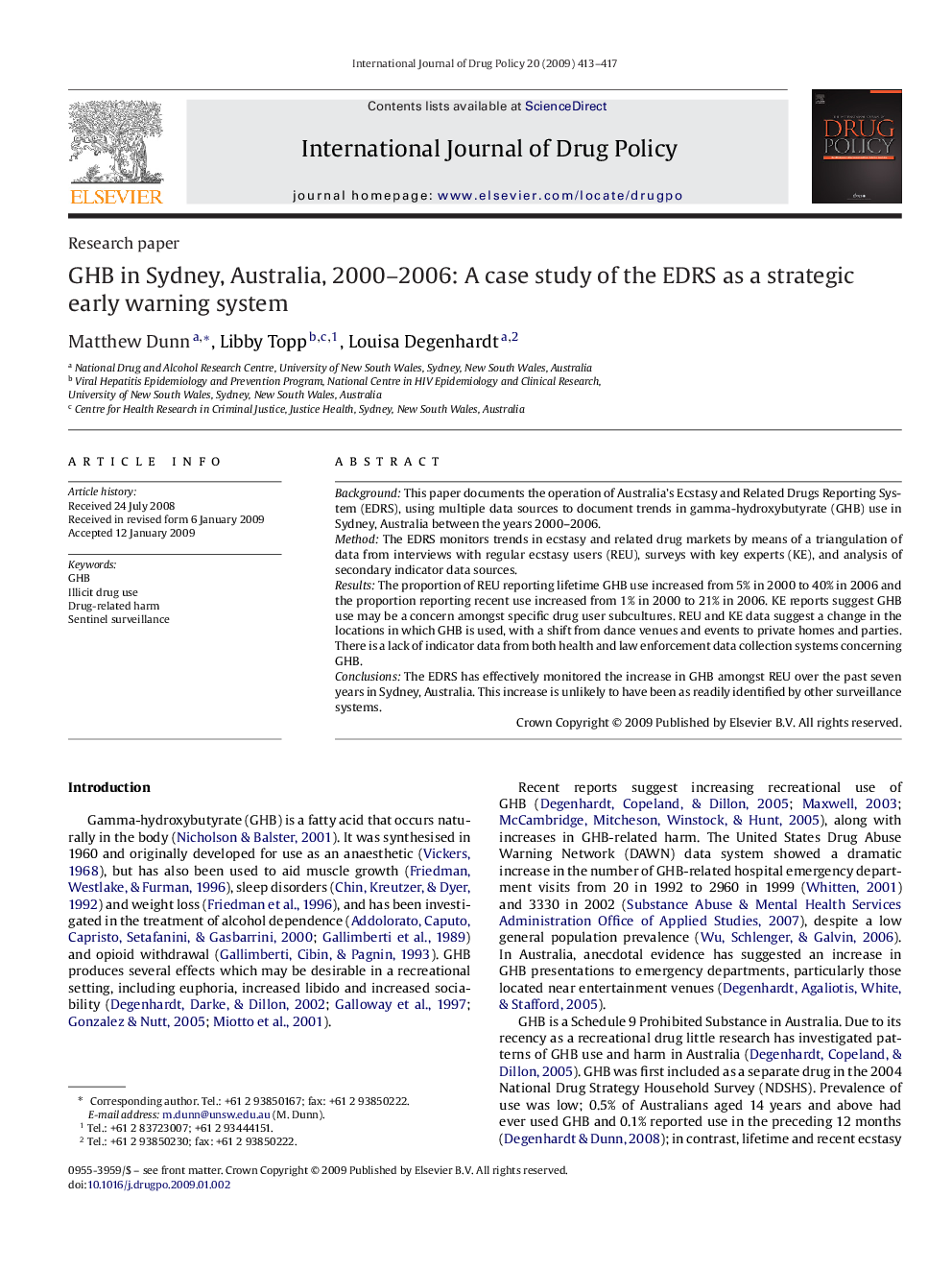 GHB in Sydney, Australia, 2000–2006: A case study of the EDRS as a strategic early warning system