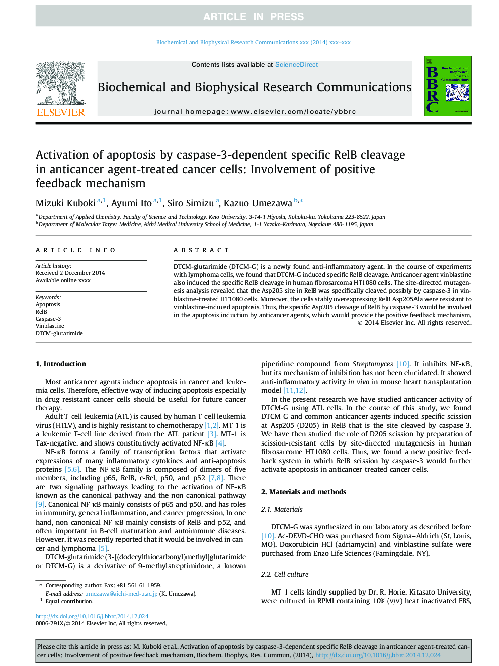 Activation of apoptosis by caspase-3-dependent specific RelB cleavage in anticancer agent-treated cancer cells: Involvement of positive feedback mechanism