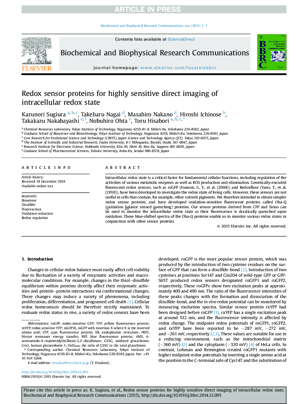 Redox sensor proteins for highly sensitive direct imaging of intracellular redox state