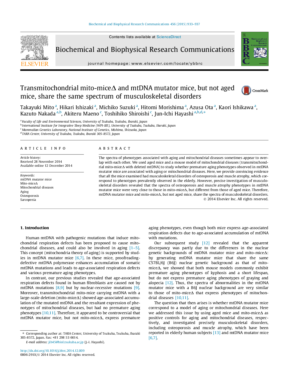 Transmitochondrial mito-miceÎ and mtDNA mutator mice, but not aged mice, share the same spectrum of musculoskeletal disorders