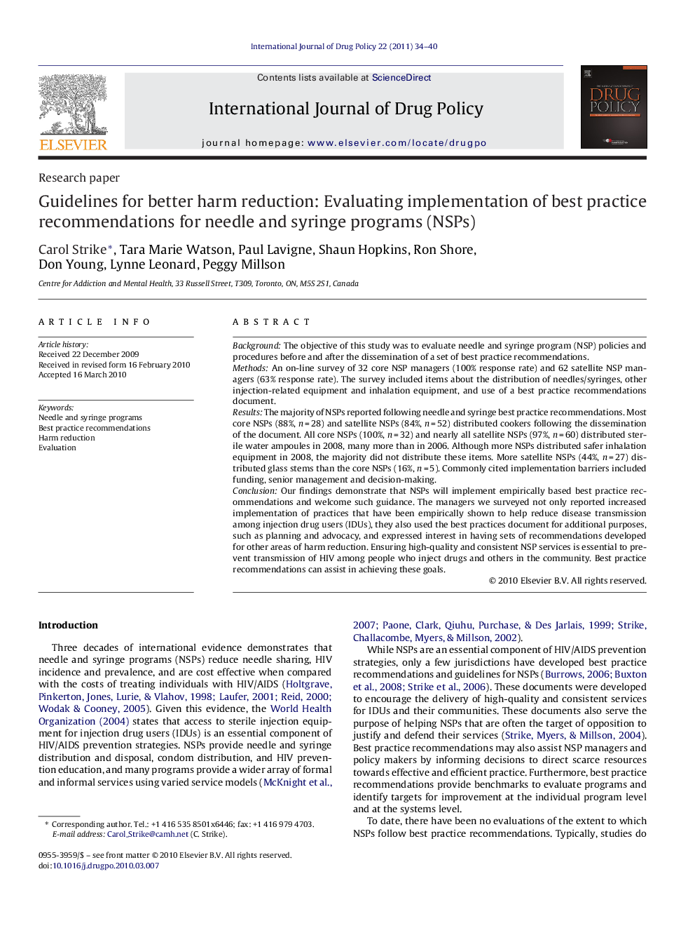 Guidelines for better harm reduction: Evaluating implementation of best practice recommendations for needle and syringe programs (NSPs)