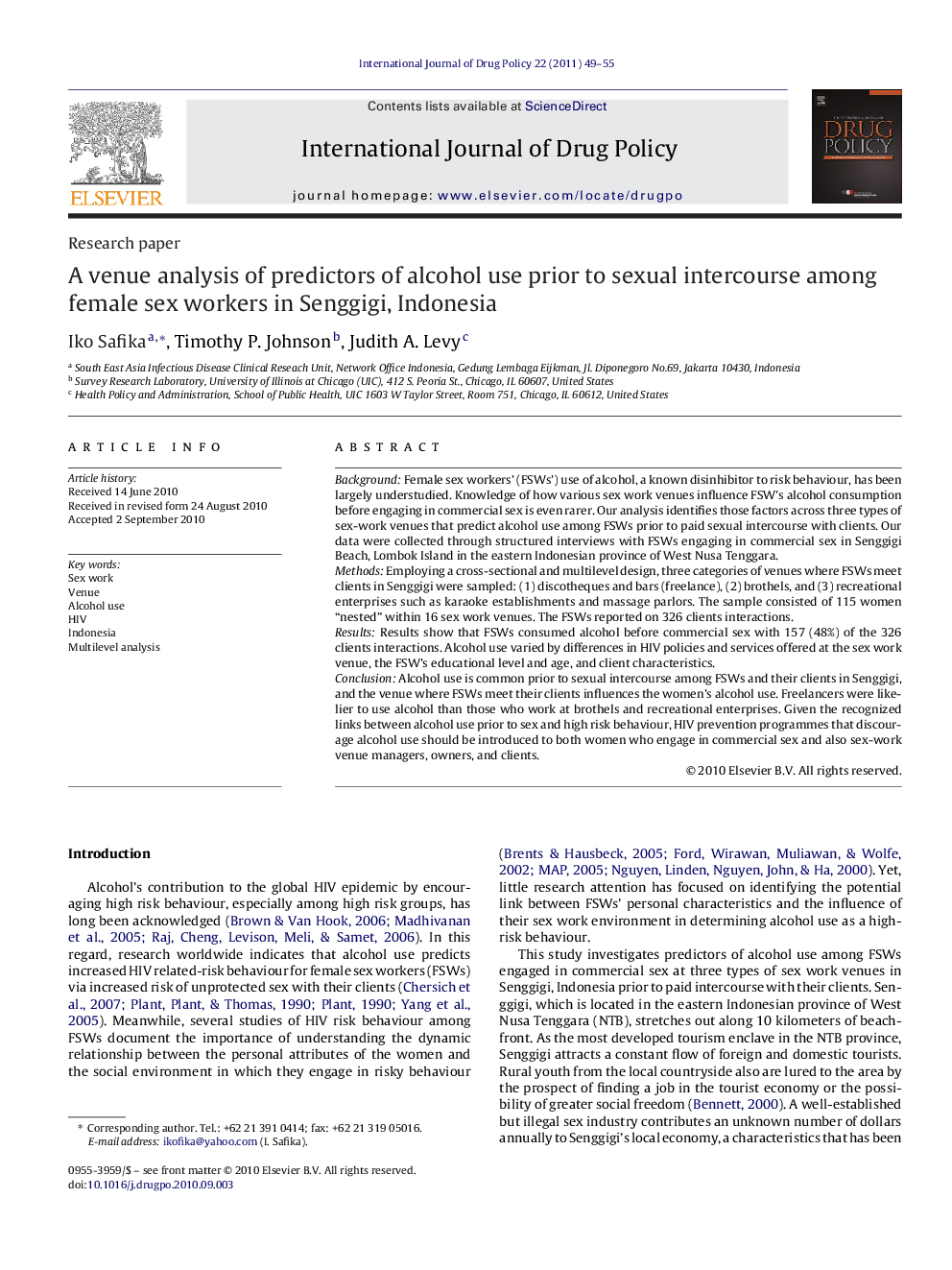 A venue analysis of predictors of alcohol use prior to sexual intercourse among female sex workers in Senggigi, Indonesia