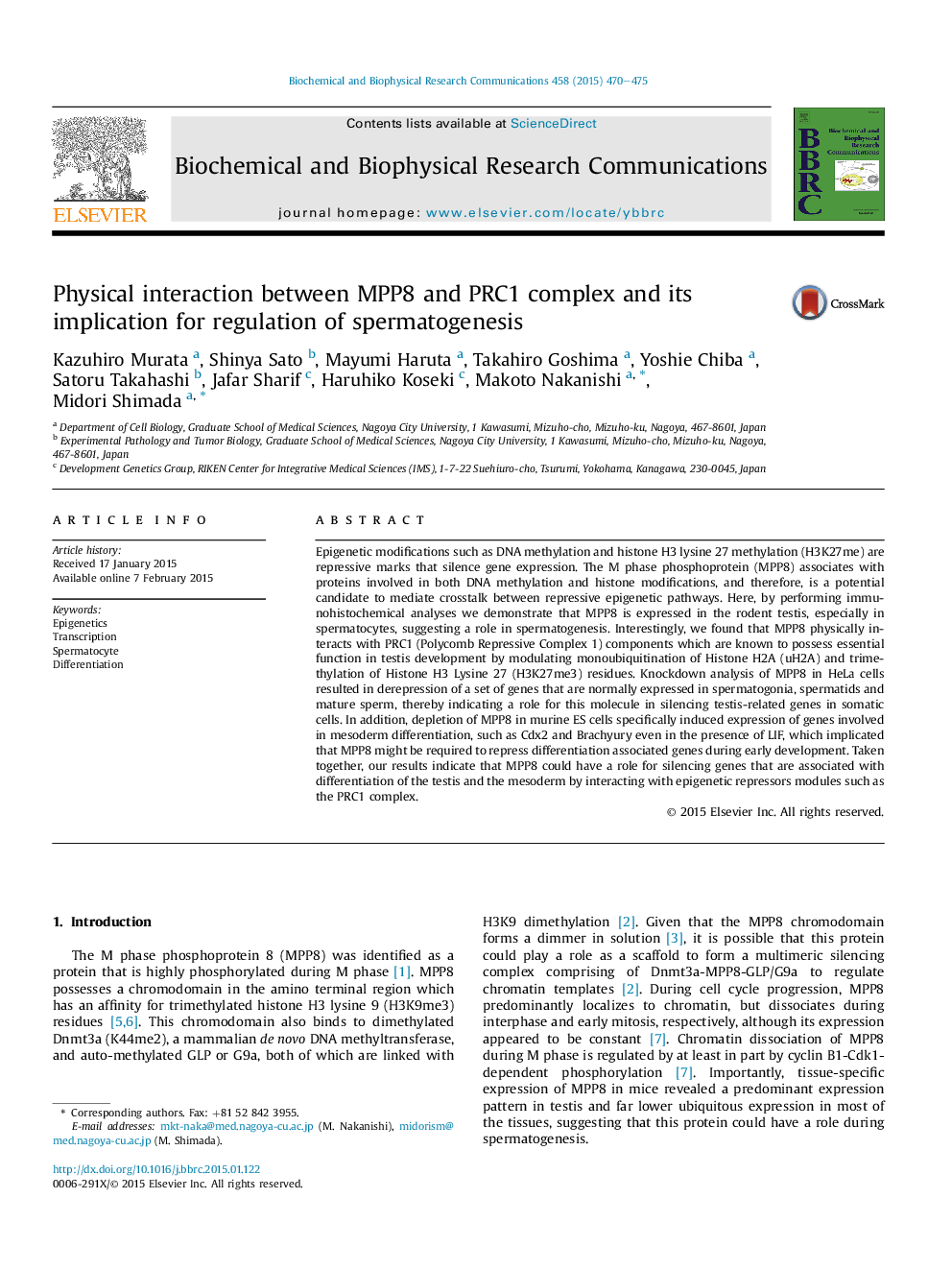 Physical interaction between MPP8 and PRC1 complex and its implication for regulation of spermatogenesis