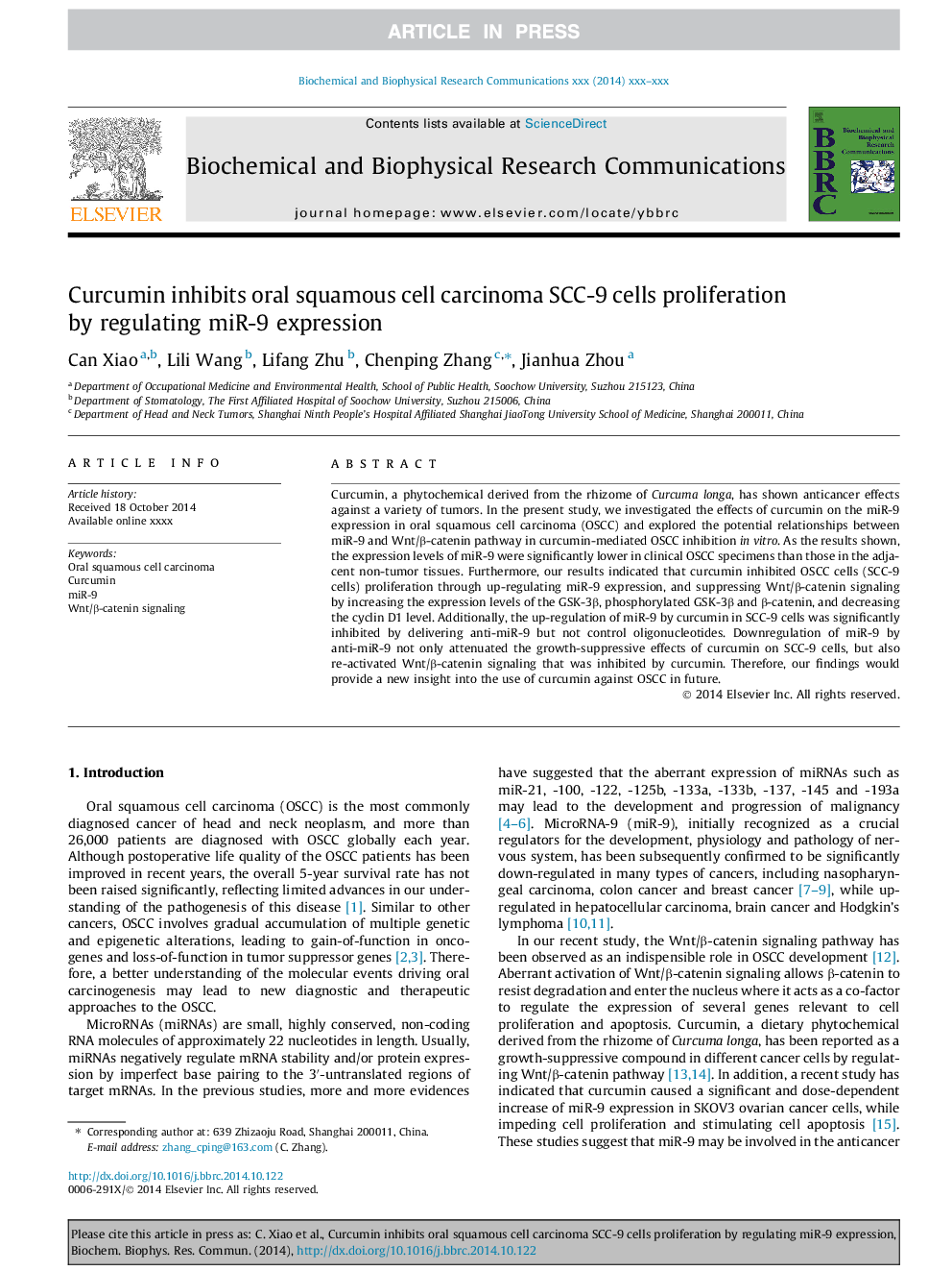 Curcumin inhibits oral squamous cell carcinoma SCC-9 cells proliferation by regulating miR-9 expression