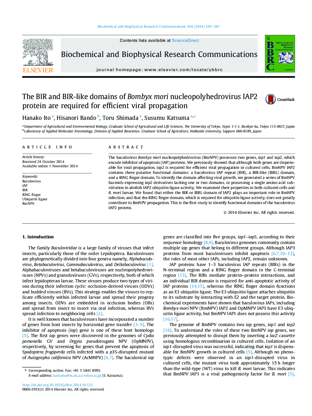 The BIR and BIR-like domains of Bombyx mori nucleopolyhedrovirus IAP2 protein are required for efficient viral propagation