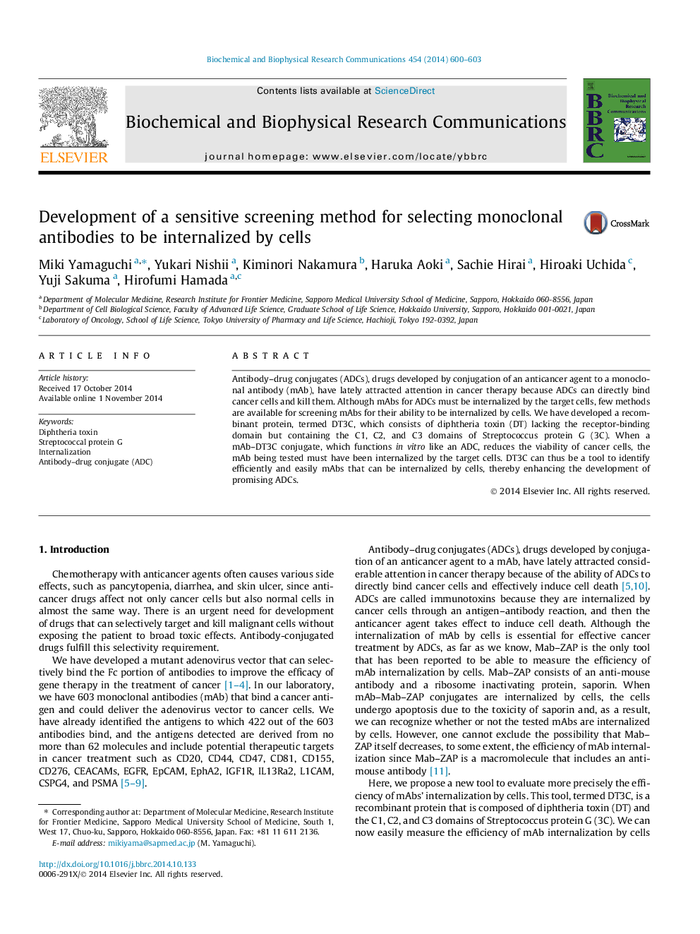 Development of a sensitive screening method for selecting monoclonal antibodies to be internalized by cells