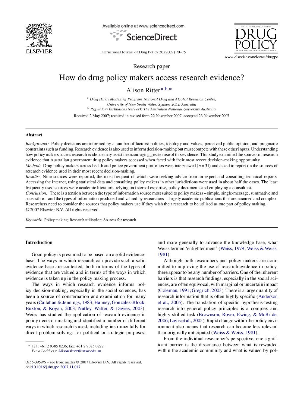 How do drug policy makers access research evidence?