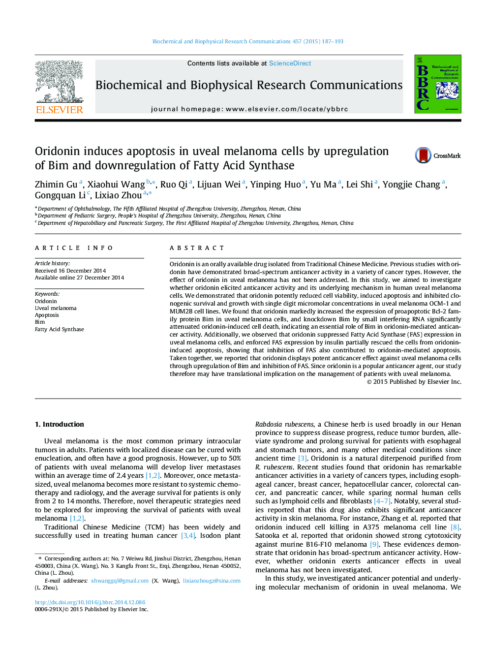 Oridonin induces apoptosis in uveal melanoma cells by upregulation of Bim and downregulation of Fatty Acid Synthase