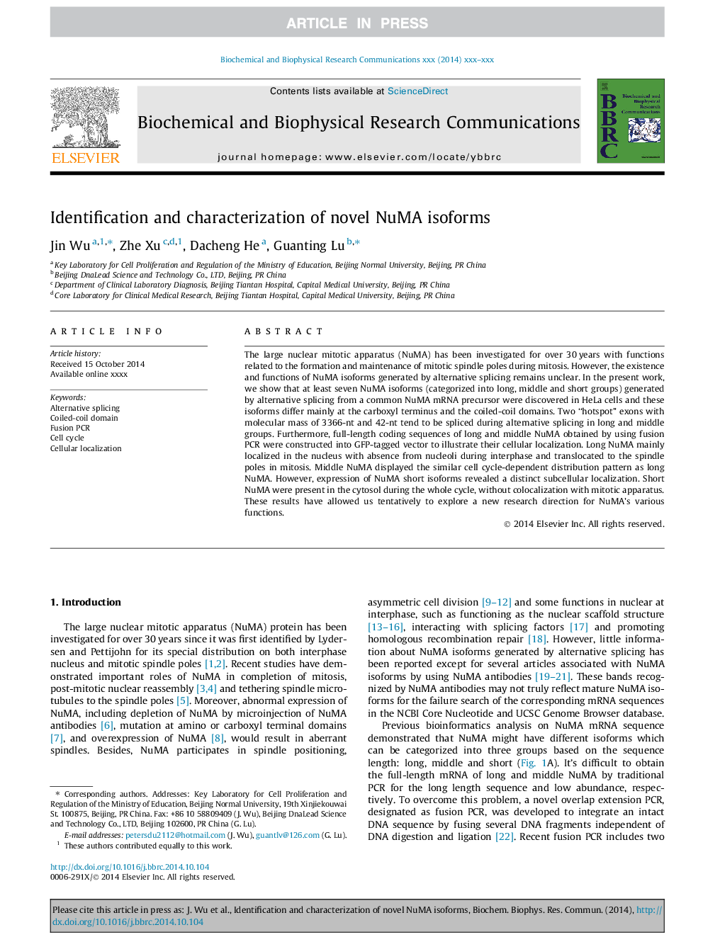 Identification and characterization of novel NuMA isoforms