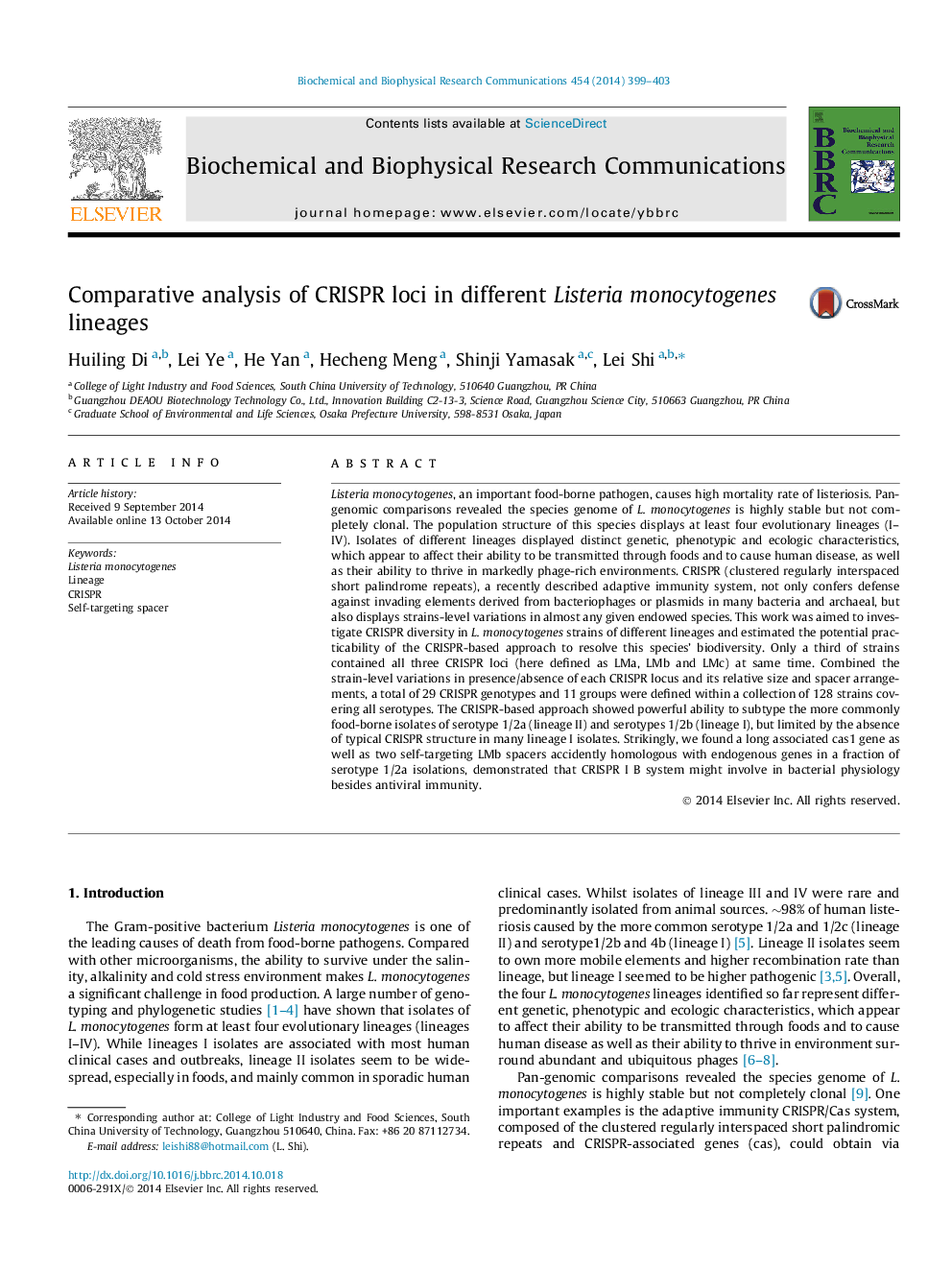 Comparative analysis of CRISPR loci in different Listeria monocytogenes lineages