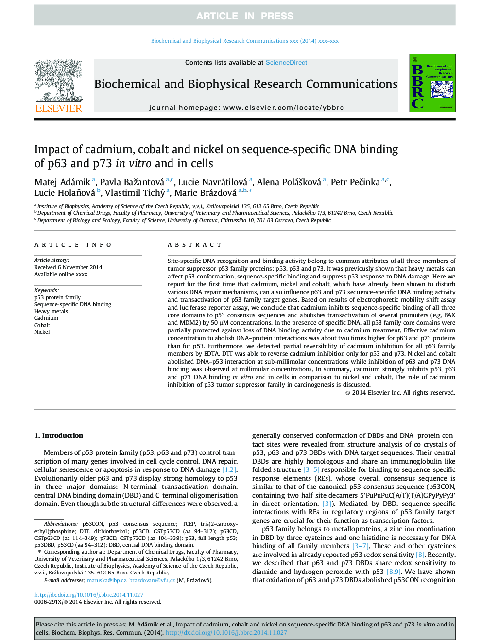 Impact of cadmium, cobalt and nickel on sequence-specific DNA binding of p63 and p73 in vitro and in cells