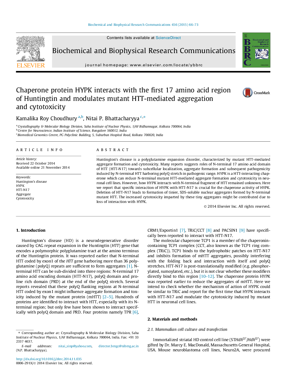 Chaperone protein HYPK interacts with the first 17 amino acid region of Huntingtin and modulates mutant HTT-mediated aggregation and cytotoxicity