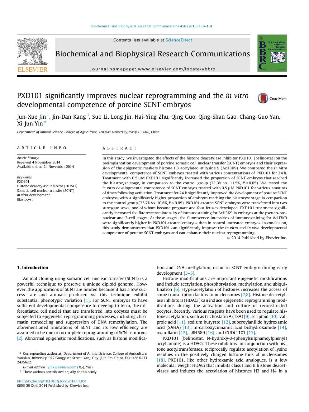 PXD101 significantly improves nuclear reprogramming and the in vitro developmental competence of porcine SCNT embryos