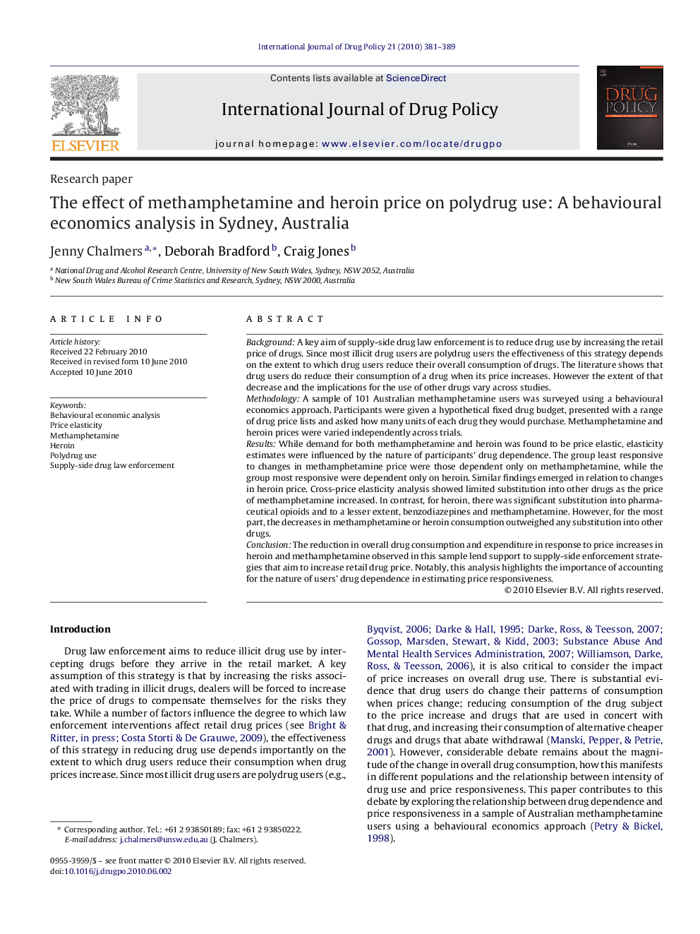 The effect of methamphetamine and heroin price on polydrug use: A behavioural economics analysis in Sydney, Australia