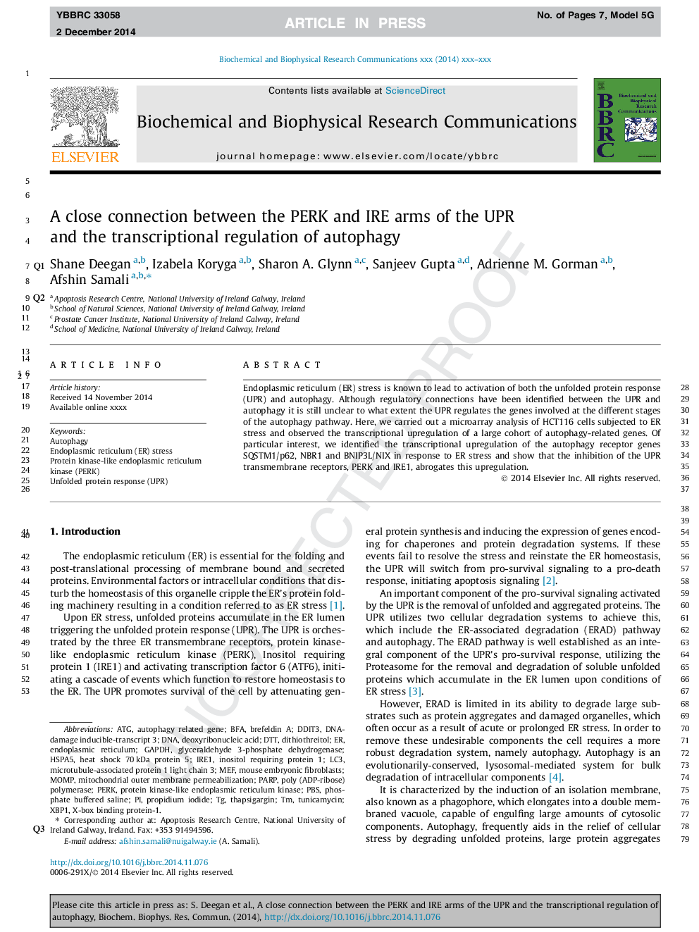 A close connection between the PERK and IRE arms of the UPR and the transcriptional regulation of autophagy