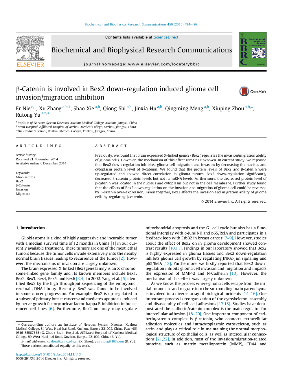 Î²-Catenin is involved in Bex2 down-regulation induced glioma cell invasion/migration inhibition