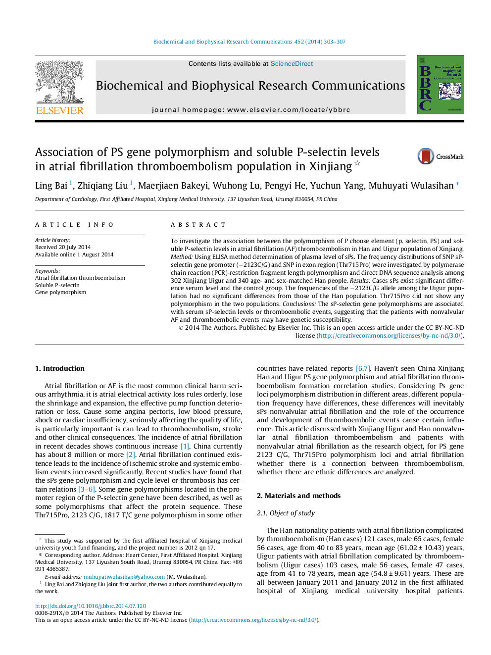 Association of PS gene polymorphism and soluble P-selectin levels in atrial fibrillation thromboembolism population in Xinjiang