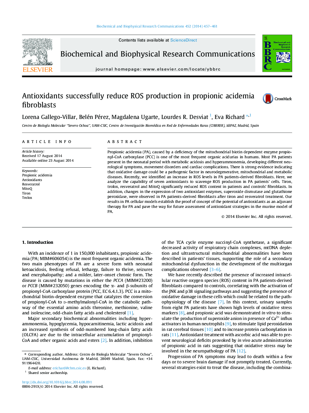 Antioxidants successfully reduce ROS production in propionic acidemia fibroblasts