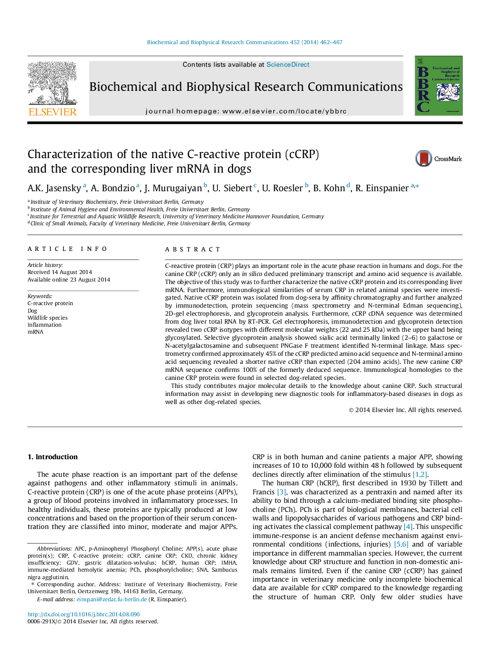 Characterization of the native C-reactive protein (cCRP) and the corresponding liver mRNA in dogs