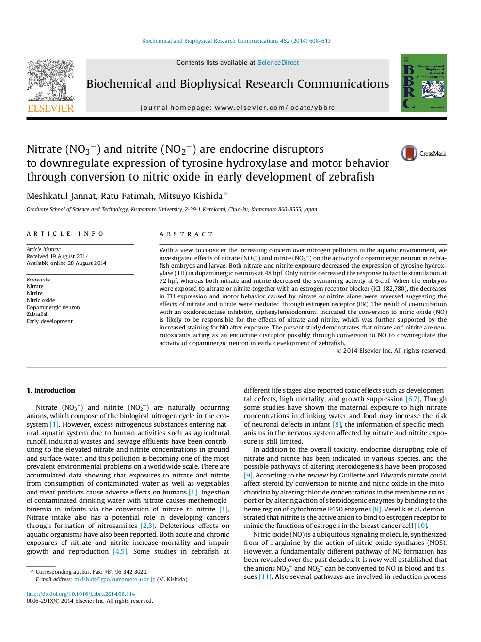 Nitrate (NO3â) and nitrite (NO2â) are endocrine disruptors to downregulate expression of tyrosine hydroxylase and motor behavior through conversion to nitric oxide in early development of zebrafish