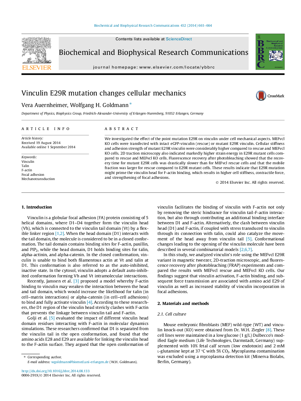 Vinculin E29R mutation changes cellular mechanics