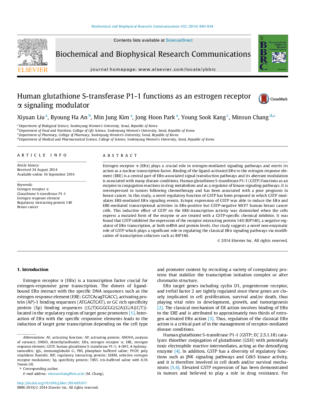 Human glutathione S-transferase P1-1 functions as an estrogen receptor Î± signaling modulator