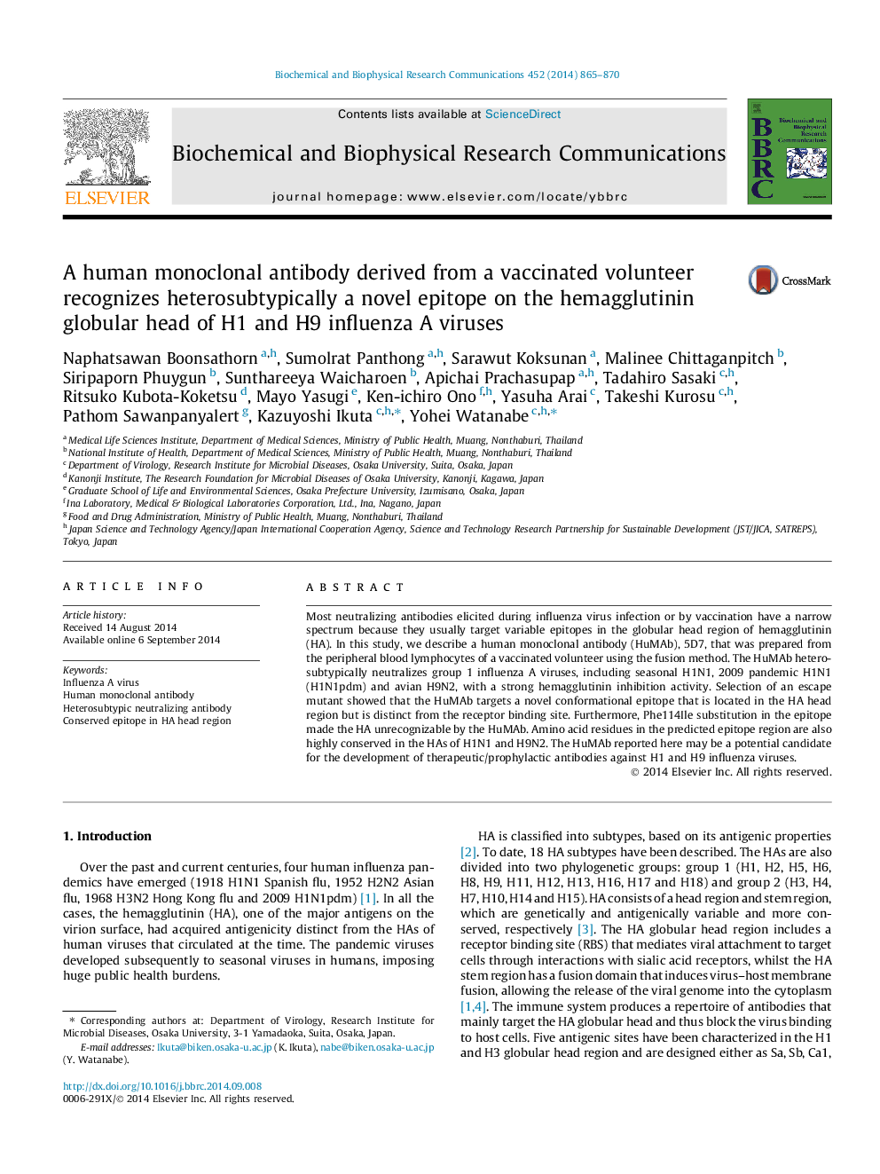 A human monoclonal antibody derived from a vaccinated volunteer recognizes heterosubtypically a novel epitope on the hemagglutinin globular head of H1 and H9 influenza A viruses