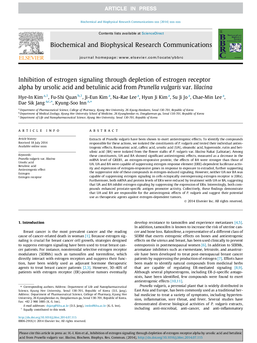 Inhibition of estrogen signaling through depletion of estrogen receptor alpha by ursolic acid and betulinic acid from Prunella vulgaris var. lilacina