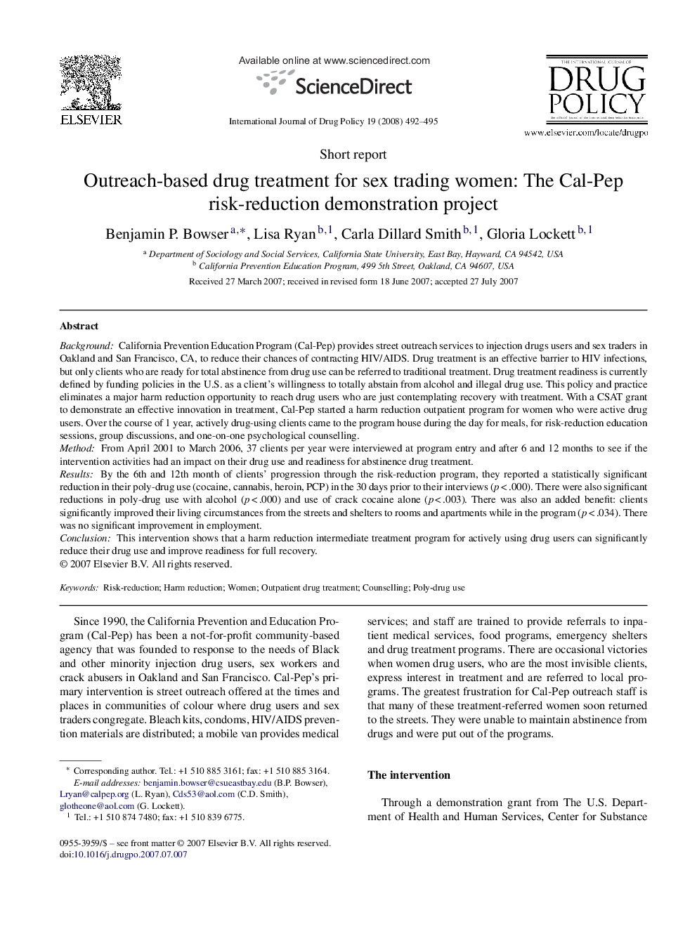 Outreach-based drug treatment for sex trading women: The Cal-Pep risk-reduction demonstration project