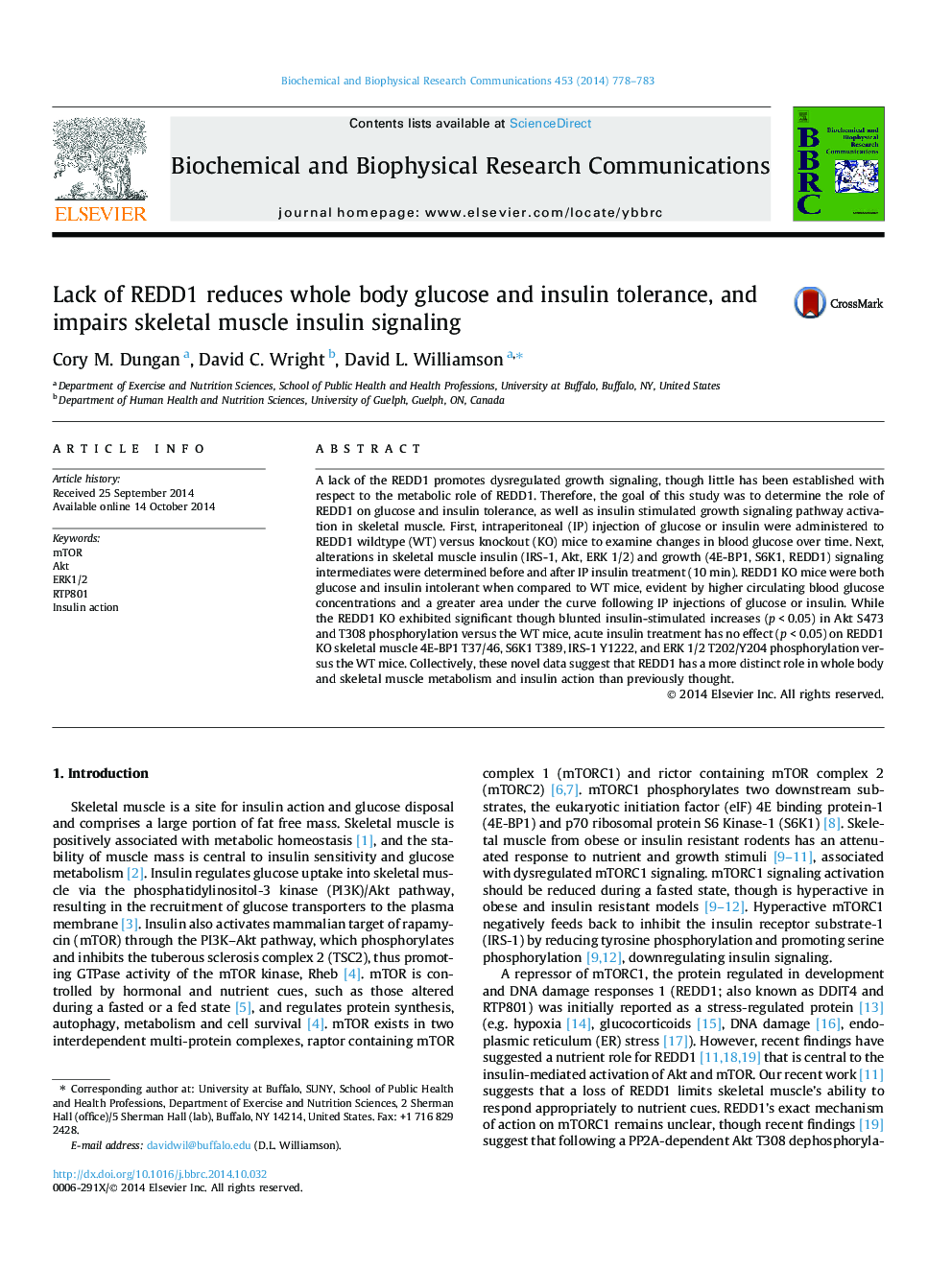 عکس صفحه اول مقاله: Lack of REDD1 reduces whole body glucose and insulin tolerance, and impairs skeletal muscle insulin signaling Lack of REDD1 reduces whole body glucose and insulin tolerance, and impairs skeletal muscle insulin signaling