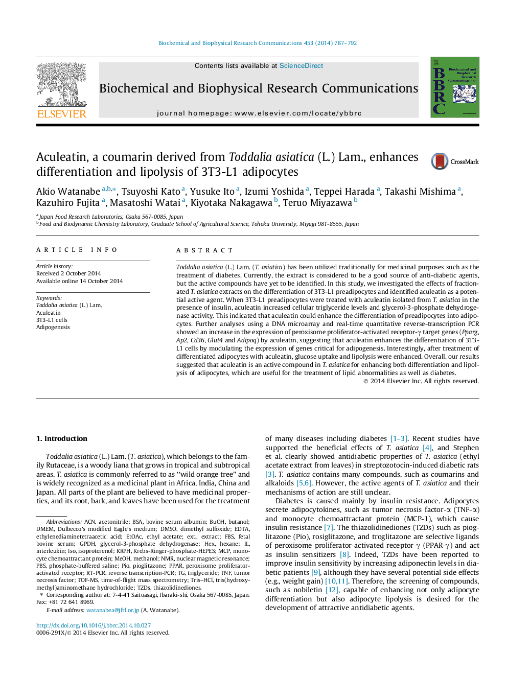 Aculeatin, a coumarin derived from Toddalia asiatica (L.) Lam., enhances differentiation and lipolysis of 3T3-L1 adipocytes