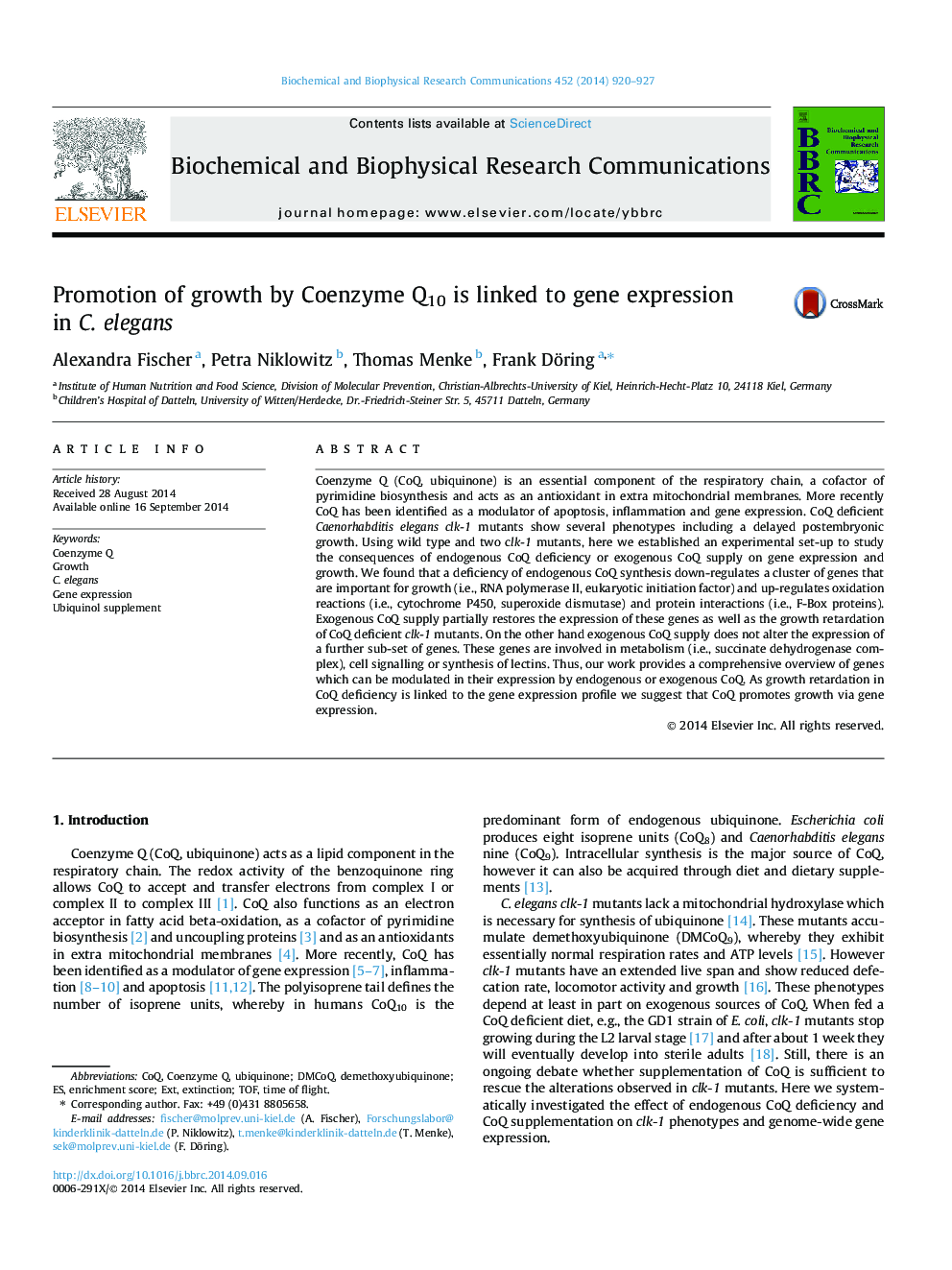 Promotion of growth by Coenzyme Q10 is linked to gene expression in C. elegans