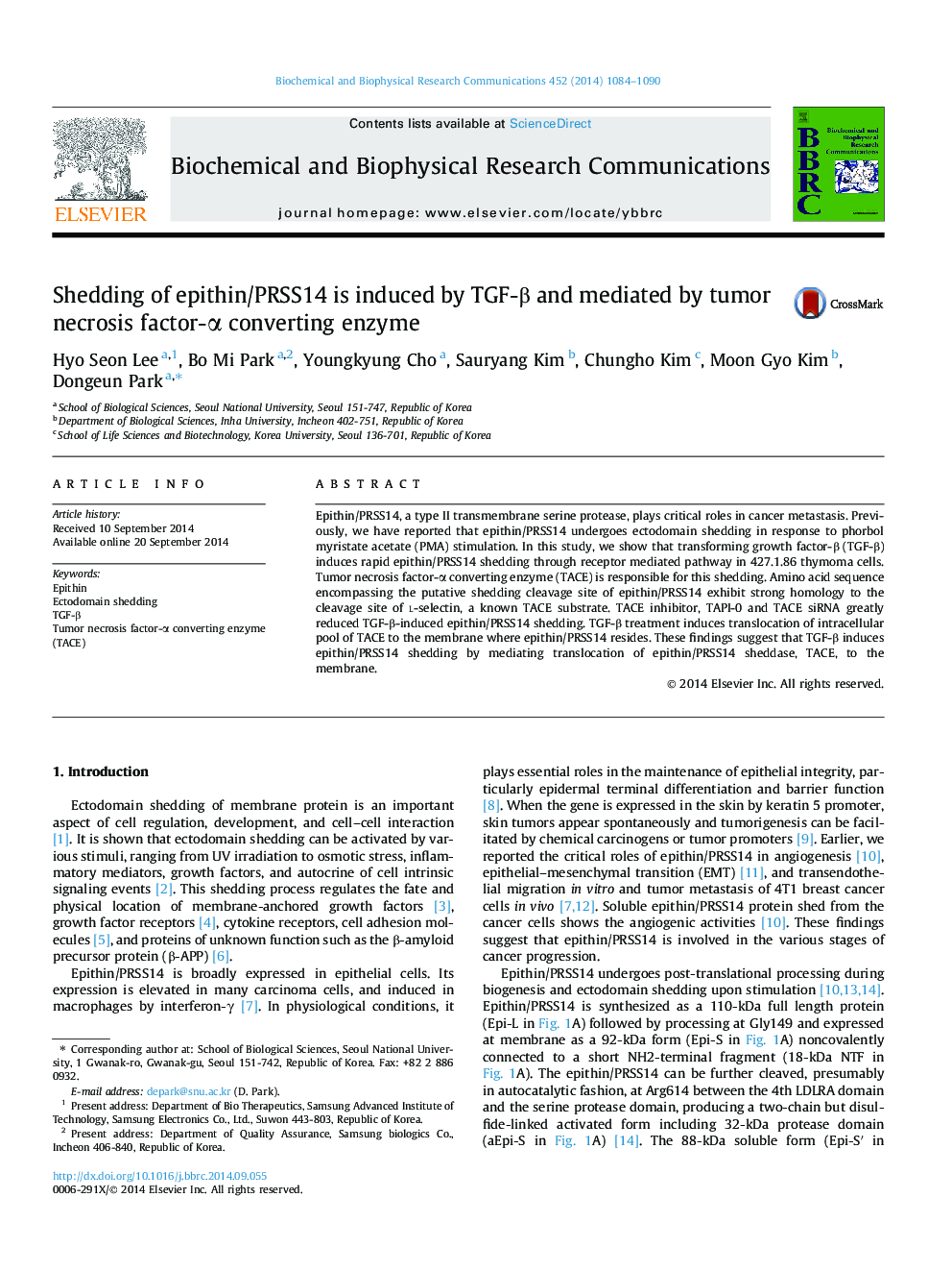 Shedding of epithin/PRSS14 is induced by TGF-Î² and mediated by tumor necrosis factor-Î± converting enzyme