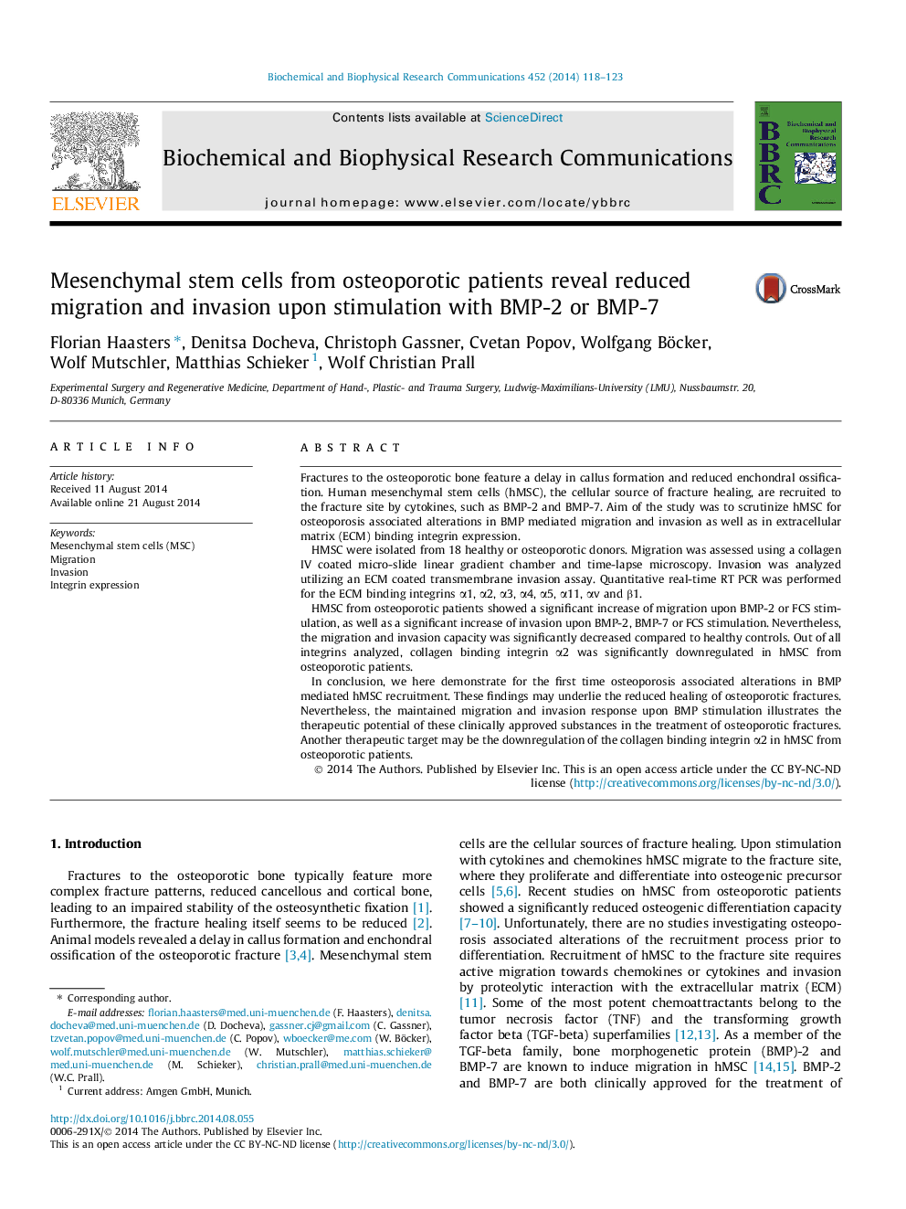 Mesenchymal stem cells from osteoporotic patients reveal reduced migration and invasion upon stimulation with BMP-2 or BMP-7