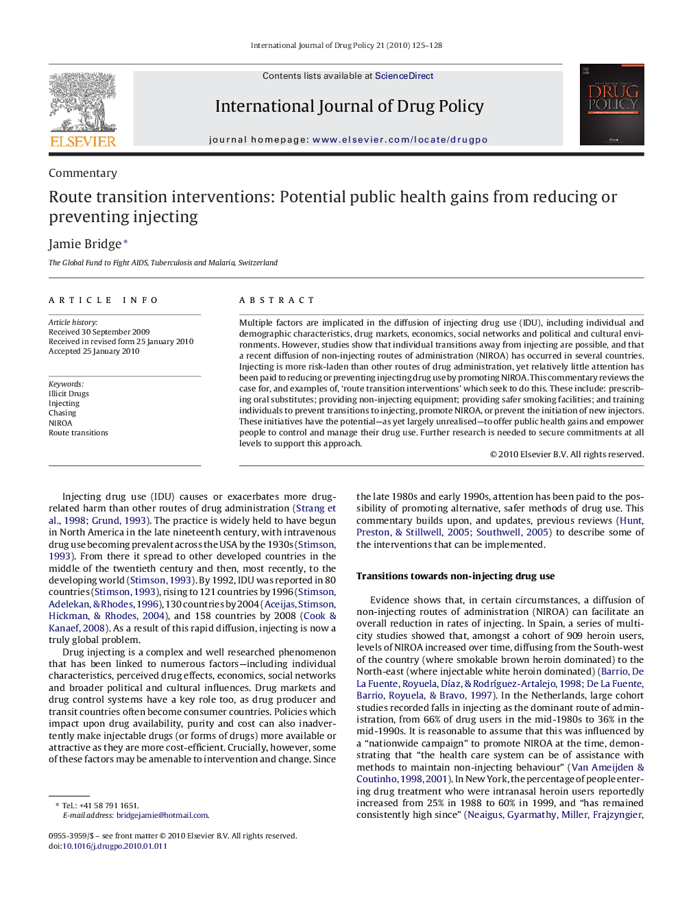 Route transition interventions: Potential public health gains from reducing or preventing injecting