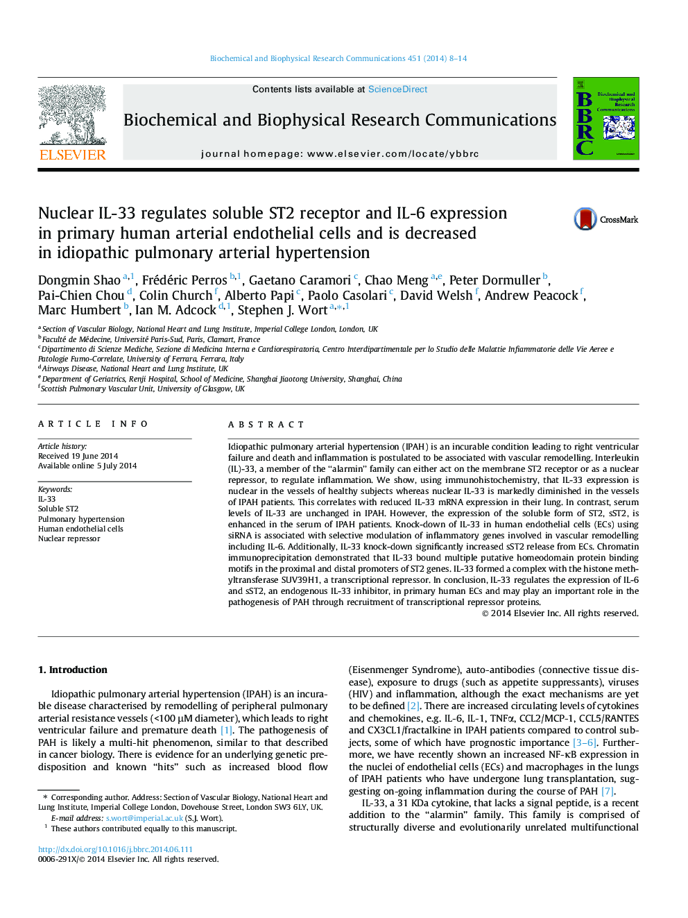 Nuclear IL-33 regulates soluble ST2 receptor and IL-6 expression in primary human arterial endothelial cells and is decreased in idiopathic pulmonary arterial hypertension