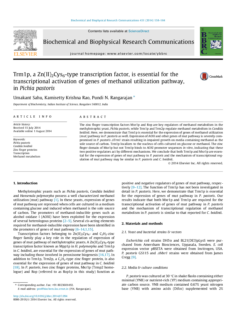 Trm1p, a Zn(II)2Cys6-type transcription factor, is essential for the transcriptional activation of genes of methanol utilization pathway, in Pichia pastoris