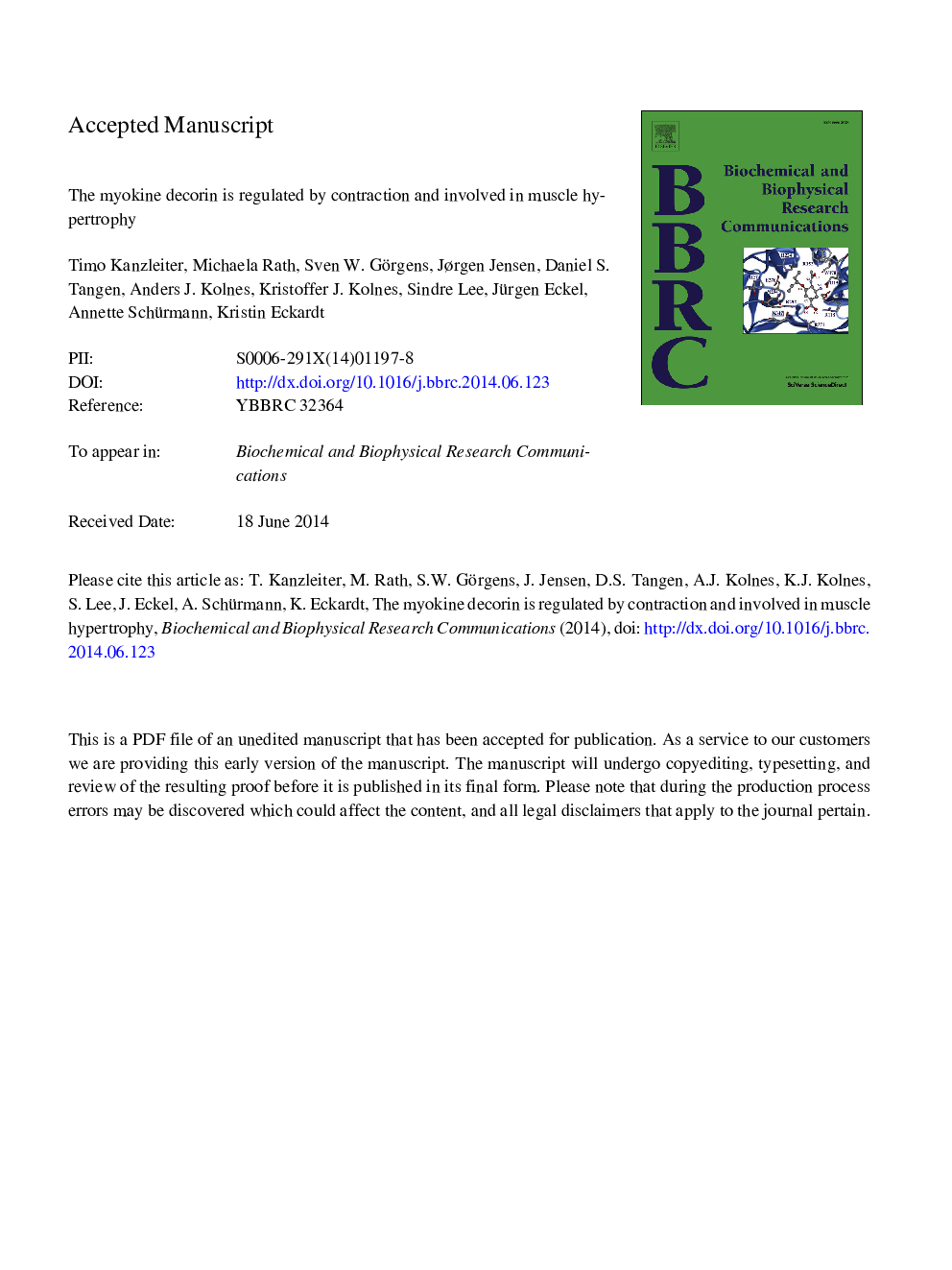 The myokine decorin is regulated by contraction and involved in muscle hypertrophy