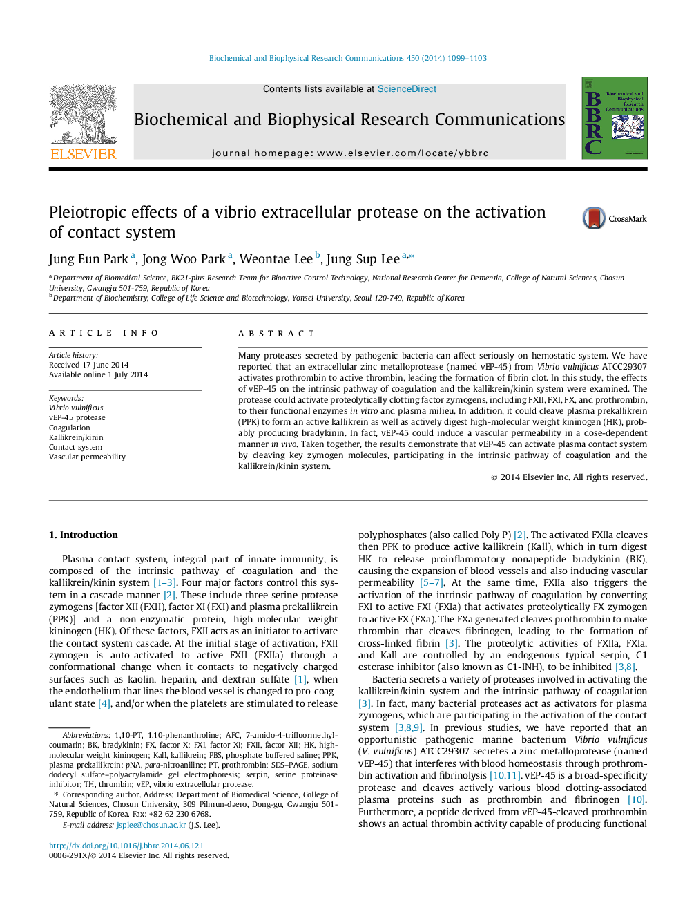 Pleiotropic effects of a vibrio extracellular protease on the activation of contact system