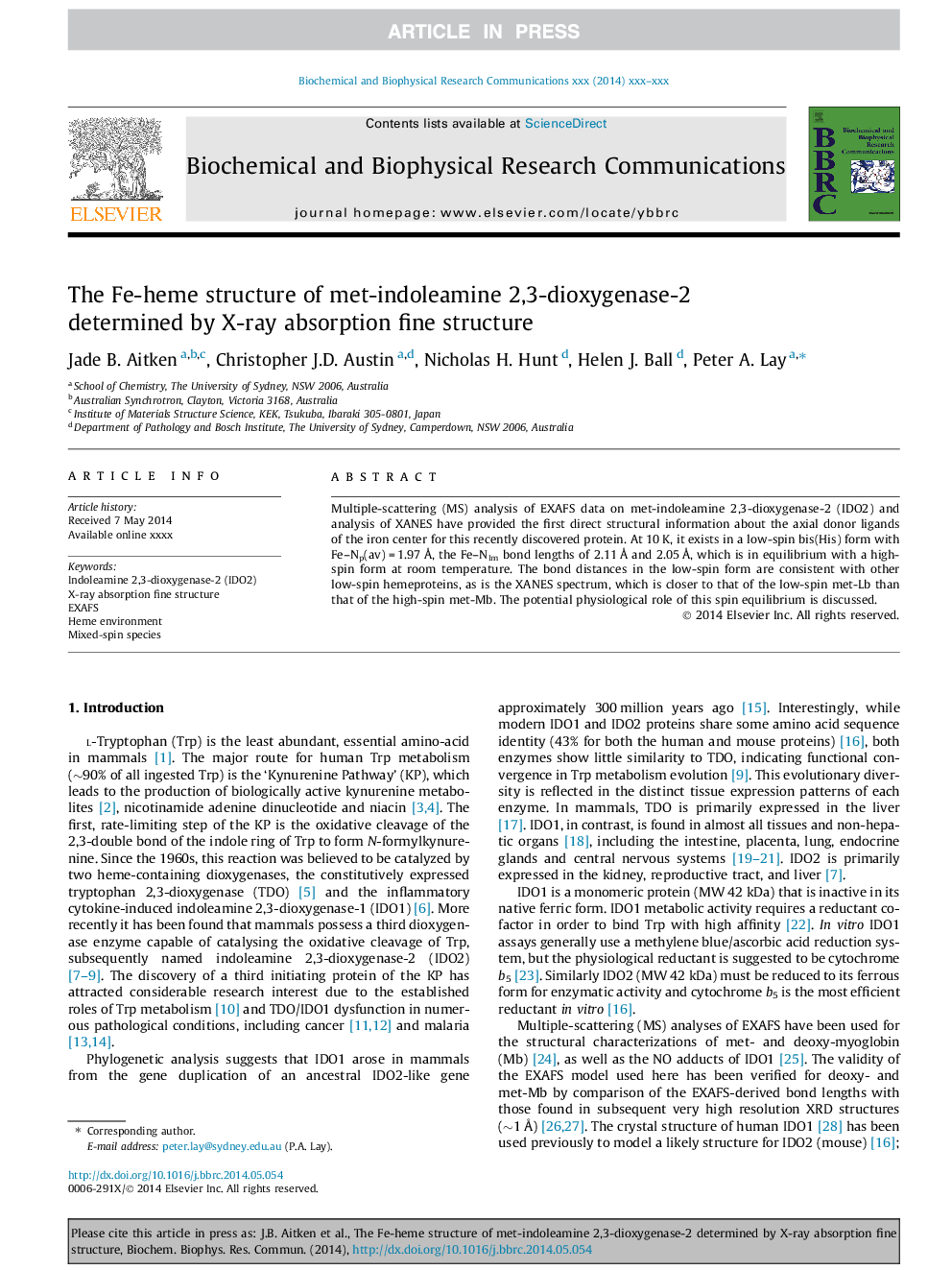 The Fe-heme structure of met-indoleamine 2,3-dioxygenase-2 determined by X-ray absorption fine structure