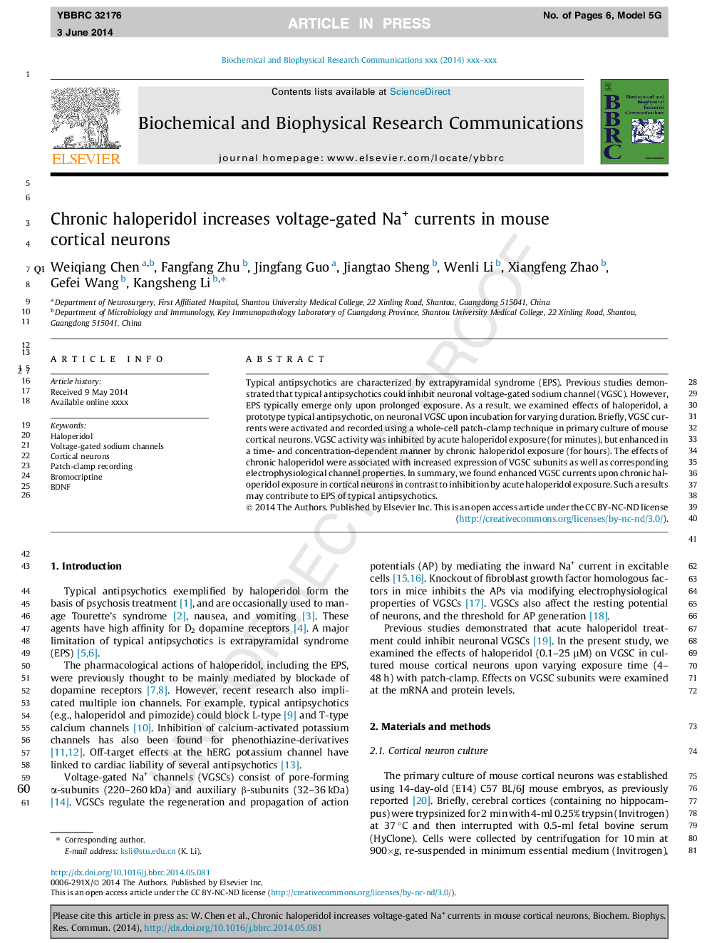 Chronic haloperidol increases voltage-gated Na+ currents in mouse cortical neurons