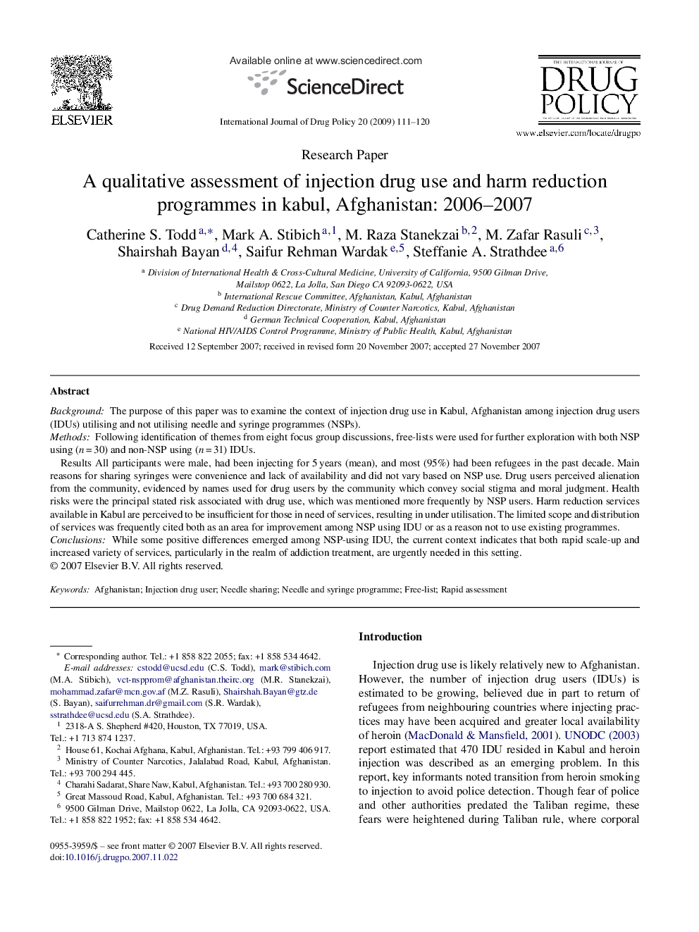 A qualitative assessment of injection drug use and harm reduction programmes in Kabul, Afghanistan: 2006–2007