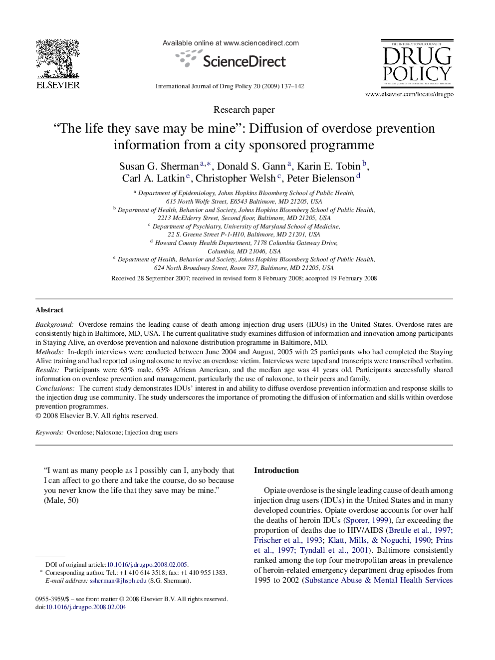 “The life they save may be mine”: Diffusion of overdose prevention information from a city sponsored programme