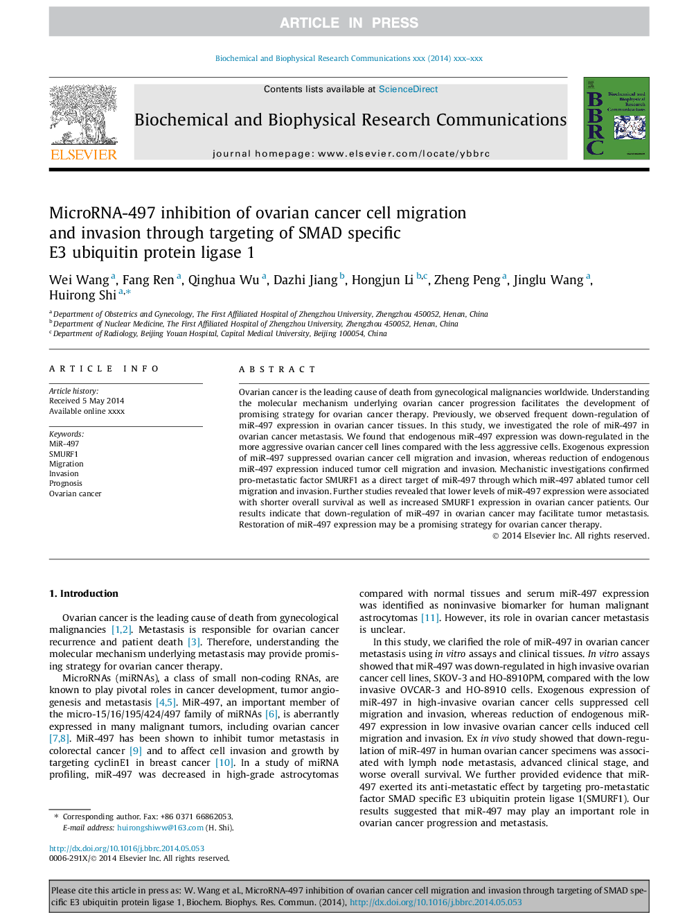 MicroRNA-497 inhibition of ovarian cancer cell migration and invasion through targeting of SMAD specific E3 ubiquitin protein ligase 1