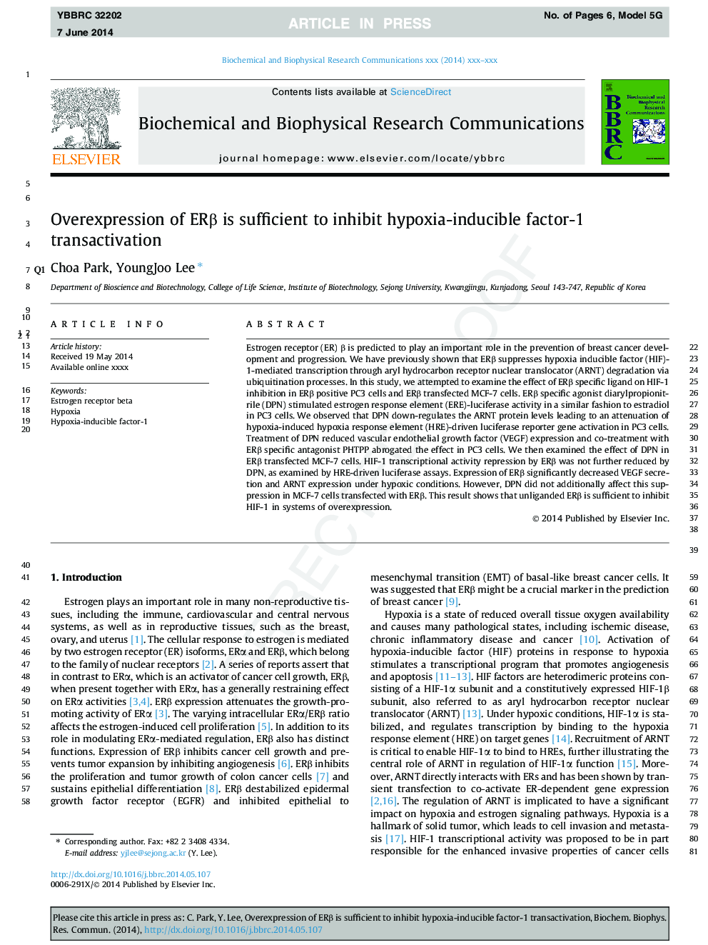 Overexpression of ERÎ² is sufficient to inhibit hypoxia-inducible factor-1 transactivation