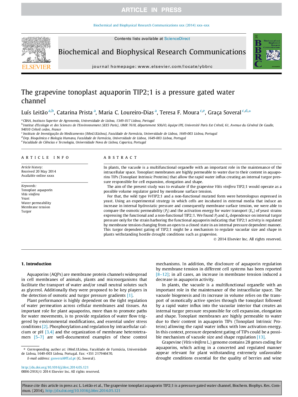 The grapevine tonoplast aquaporin TIP2;1 is a pressure gated water channel