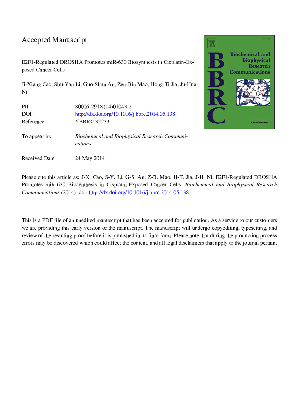 E2F1-regulated DROSHA promotes miR-630 biosynthesis in cisplatin-exposed cancer cells