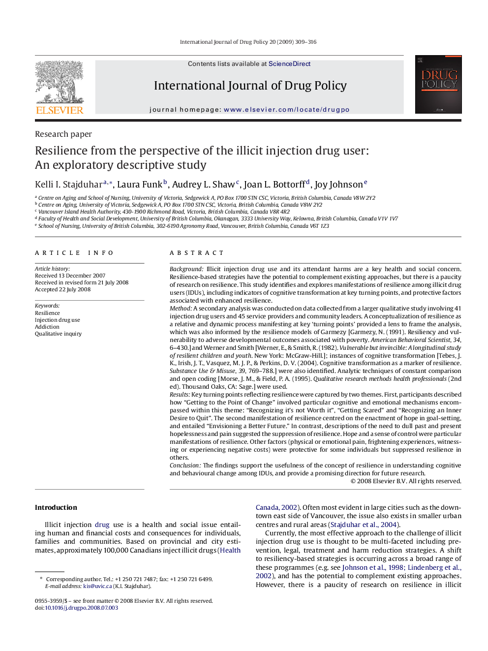 Resilience from the perspective of the illicit injection drug user: An exploratory descriptive study